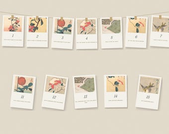 Printable Advent Calendar Cards, 24 Days of Christmas Rituals, Vintage Hiroshige Bird and Camellia, Family Advent Activities