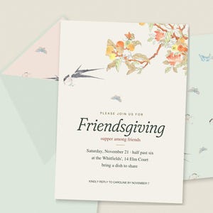 Friendsgiving Invitation Suite, Editable Printable Invitation Menu Place Cards Gift Tags, Chinoiserie Bird Butterfly, Pastel Thanksgiving