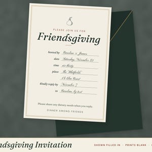 May include: A cream-colored Friendsgiving invitation card with a small pear icon, featuring black text that reads: Please join us for Friendsgiving, hosted by, date, time, place, kindly reply by, to, and dinner among friends.