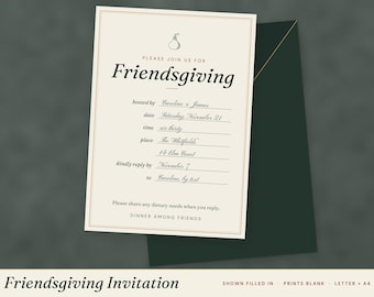 May include: A cream-colored Friendsgiving invitation card with a small pear icon, featuring black text that reads: Please join us for Friendsgiving, hosted by, date, time, place, kindly reply by, to, and dinner among friends.