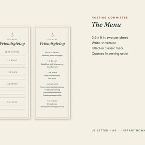 Op de afbeelding: Twee 8,9 x 22,9 cm Friendsgiving menukaarten op een cr&egrave;mekleurige achtergrond. E&eacute;n kaart is leeg met lijnen om in te vullen, de andere is ingevuld met gerechten. Tekst bevat Hosting Committee, The Menu, Upon Arrival, To Start, The Main, Alongside, To Finish.