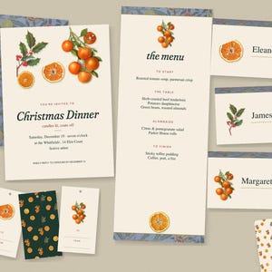 Christmas Dinner Invitation Suite, Editable Printable Invitation Menu Place Cards Gift Tags, Vintage Citrus Holly William Morris image 2