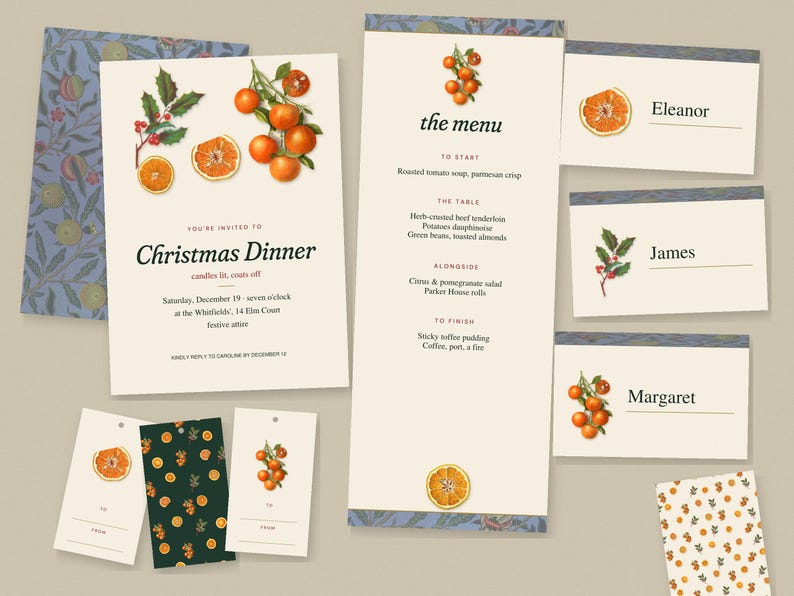 Christmas Dinner Invitation Suite, Editable Printable Invitation Menu Place Cards Gift Tags, Vintage Citrus Holly William Morris image 2