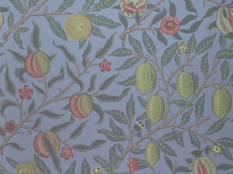 May include: A wallpaper pattern featuring a light blue background with repeating illustrations of green lemons, pink peaches, and small red flowers on brown branches with dark green leaves, creating a dense botanical design.