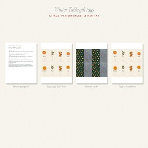 May include: A digital printable set of Winter Table gift tags featuring 12 tags with botanical and citrus illustrations, pattern backs, and instructional text. The layout includes options for typing or handwriting names on the tags.