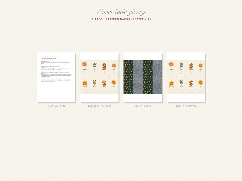 May include: A digital printable set of Winter Table gift tags featuring 12 tags with botanical and citrus illustrations, pattern backs, and instructional text. The layout includes options for typing or handwriting names on the tags.