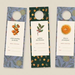 Printable Wine Bottle Tags, Christmas Hostess Gift Tag, Editable Bottle Neck Tag, William Morris & Vintage Citrus, Digital Download