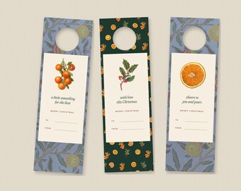 Printable Wine Bottle Tags, Christmas Hostess Gift Tag, Editable Bottle Neck Tag, William Morris & Vintage Citrus, Digital Download