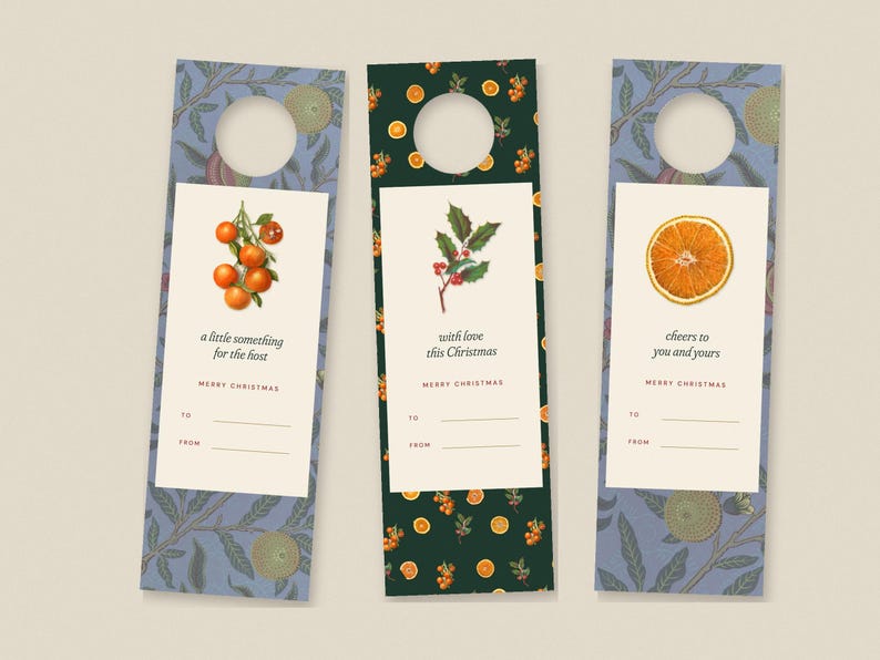 Printable Wine Bottle Tags, Christmas Hostess Gift Tag, Editable Bottle Neck Tag, William Morris & Vintage Citrus, Digital Download image 1
