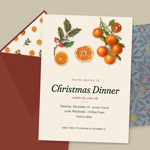 Christmas Dinner Invitation Suite, Editable Printable Invitation Menu Place Cards Gift Tags, Vintage Citrus Holly William Morris image 1