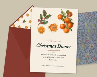 Christmas Dinner Invitation Suite, Editable Printable Invitation Menu Place Cards Gift Tags, Vintage Citrus Holly William Morris