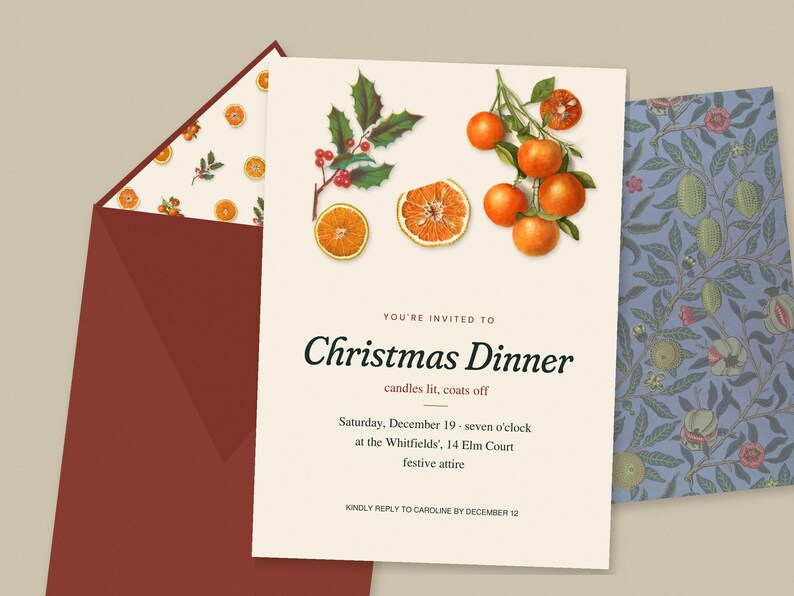 Christmas Dinner Invitation Suite, Editable Printable Invitation Menu Place Cards Gift Tags, Vintage Citrus Holly William Morris image 1