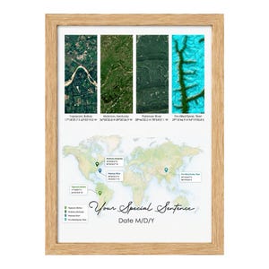 May include: A framed wall art print featuring four vertical satellite images of geographical locations, including Yapacani, Hickman, Potomac River, and Fir-filled Fjords, above a world map with location pins and the text Your Special Sentence Date M/D/Y.