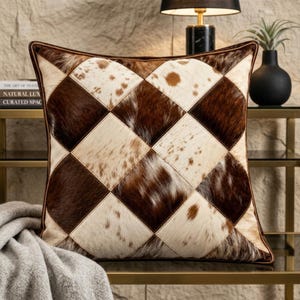 4 Pairs of Genuine Cowhide Patchwork Pillow Cover, Diamond Harlequin Design, Western Farmhouse Decor