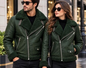 Men's Dark Green Leather Biker Jacket, Black Sherpa Collar, Winter Motorcycle Style