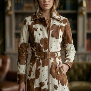 May include: A long-sleeved coat featuring a brown and white cow-print pattern. The garment includes a structured collar, a front button closure, and a matching brown leather-like belt with a rectangular buckle cinched at the waist.