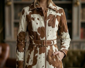 May include: A long-sleeved coat featuring a brown and white cow-print pattern. The garment includes a structured collar, a front button closure, and a matching brown leather-like belt with a rectangular buckle cinched at the waist.