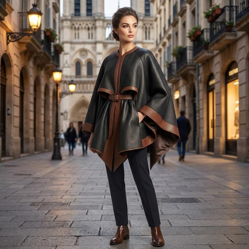 May include: A black leather cape with brown leather trim and a matching brown leather belt at the waist. The cape features a structured collarless neckline and wide sleeves, paired with slim-fit black trousers and brown leather ankle boots.