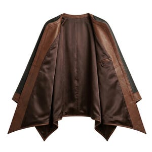 May include: A jacket featuring a dark brown leather exterior with black leather panels on the sleeves and sides. The interior is fully lined with a smooth, dark brown satin fabric and includes a single welt pocket on the inner left chest panel.
