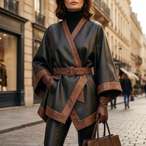 May include: A black textured leather jacket with brown leather trim, a matching brown leather belt with a square buckle, and brown leather gloves. The jacket features wide sleeves and a wrap-style front, worn over a black turtleneck sweater.