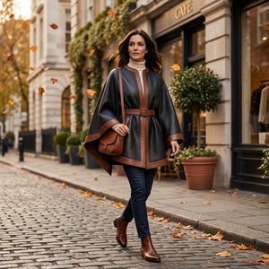 May include: A black leather cape with brown leather trim, a matching brown leather belt, and a cream turtleneck sweater. The outfit includes dark blue denim jeans, brown leather ankle boots, and a brown leather crossbody bag with a flap closure.