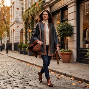 May include: A black leather cape with brown leather trim worn over a cream turtleneck sweater and dark blue jeans. The outfit includes a brown leather crossbody bag, a matching brown leather belt held in one hand, and brown leather ankle boots.