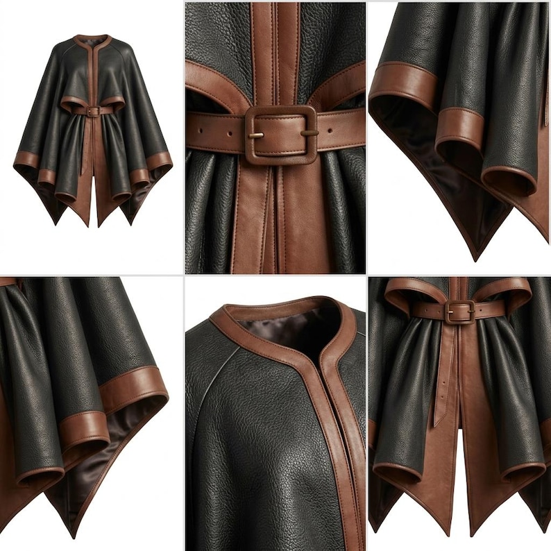 May include: A black and brown leather cape featuring a textured black body with smooth brown leather trim along the edges and collar. The garment includes a matching brown leather belt with a rectangular buckle that cinches the waist area.