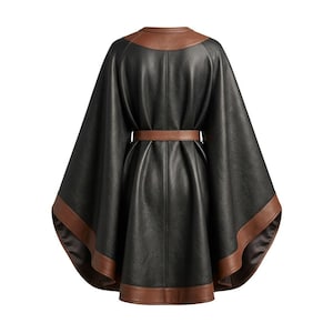 May include: A black cape with a textured finish, featuring a brown leather-look collar and a matching brown leather-look hemline. The garment includes a brown leather-look belt at the waist, creating a gathered, draped silhouette with wide sleeves.