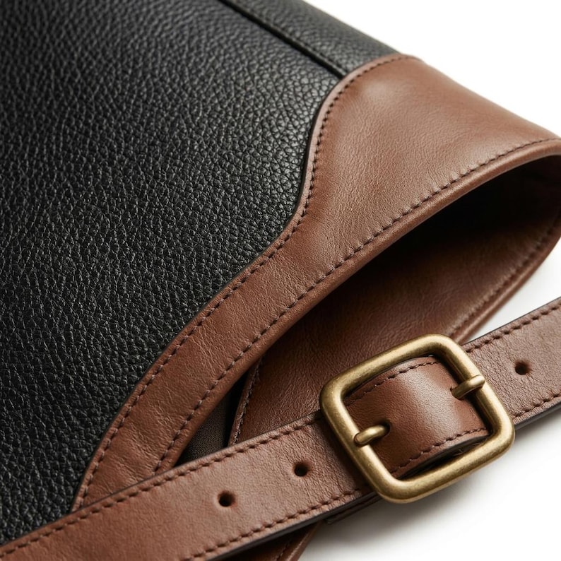 May include: A textured black bag featuring smooth brown leather trim along the edge. An adjustable brown leather strap is attached to the side, secured by a rectangular antique brass-toned metal buckle with visible stitching along the seams.