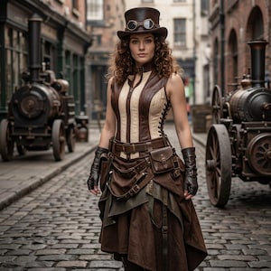May include: A brown top hat with goggles, a sleeveless brown and cream corset with side lacing, a brown leather belt with a small pouch, and a layered brown skirt. The outfit includes dark brown fingerless gloves, worn in a cobblestone street setting.