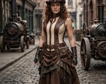 May include: A brown top hat with goggles, a sleeveless brown and cream corset with side lacing, a brown leather belt with a small pouch, and a layered brown skirt. The outfit includes dark brown fingerless gloves, worn in a cobblestone street setting.