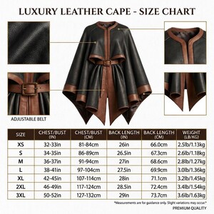 May include: A black and brown leather cape featuring a round neckline, an adjustable belt at the waist, and a flared hem. The image includes a size chart with measurements in inches, centimeters, pounds, and kilograms for sizes XS to 3XL.