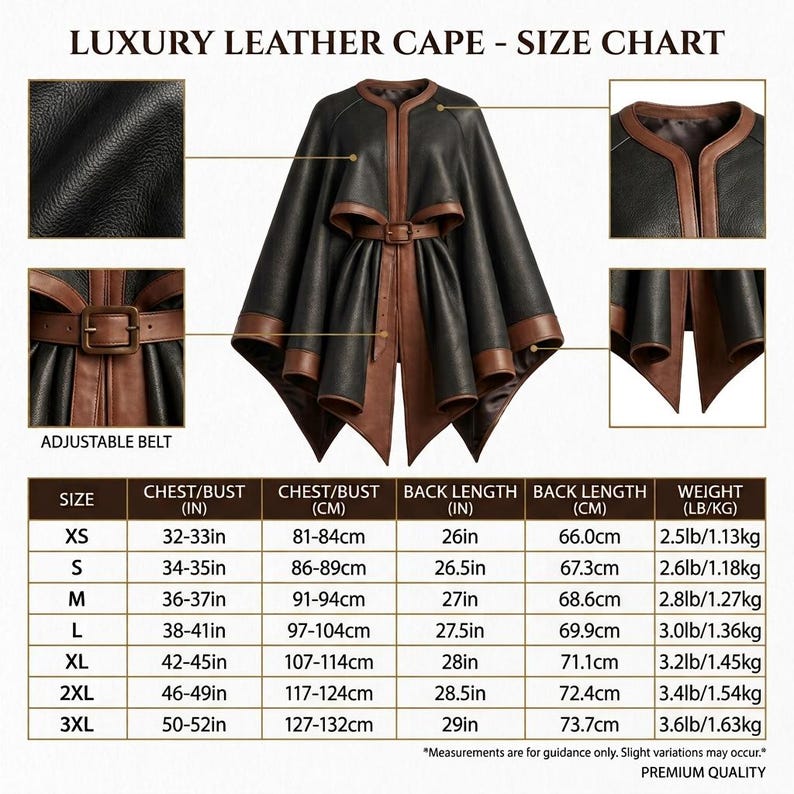 May include: A black and brown leather cape featuring a round neckline, an adjustable belt at the waist, and a flared hem. The image includes a size chart with measurements in inches, centimeters, pounds, and kilograms for sizes XS to 3XL.