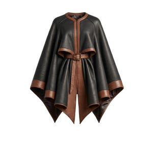 May include: A black cape with a textured finish, featuring brown leather trim along the collar, front opening, and hem. The garment includes a brown leather belt at the waist with a rectangular buckle, creating a structured, layered silhouette.
