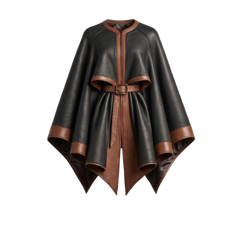 May include: A black cape with a textured finish, featuring brown leather trim along the collar, front opening, and hem. The garment includes a brown leather belt at the waist with a rectangular buckle, creating a structured, layered silhouette.