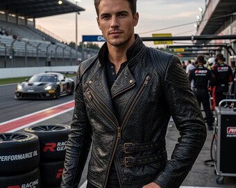 May include: A black textured leather motorcycle jacket featuring an asymmetrical front zipper, a high collar, and two adjustable buckled straps at the waist. The jacket has quilted shoulder detailing and metallic hardware accents throughout.