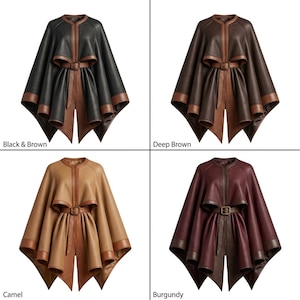 May include: Four capes in black and brown, deep brown, camel, and burgundy. Each cape features a round neckline, a buckled waist belt, and contrasting trim along the edges. The garments have a structured, flared silhouette with layered panels.