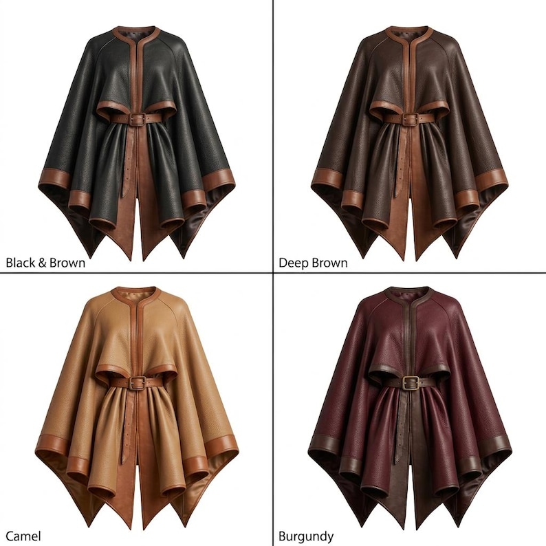 May include: Four capes in black and brown, deep brown, camel, and burgundy. Each cape features a round neckline, a buckled waist belt, and contrasting trim along the edges. The garments have a structured, flared silhouette with layered panels.