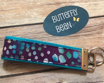 Fabric Key Fob - webbing and fabric key fob - turquoise - purple batik - fun keychain - teacher gift keychain - you're the key to my success