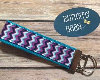 Fabric Key Fob - webbing and fabric key fob - purple chevron teal chevron teacher gift keychain - fun key fob - you're the key to my success