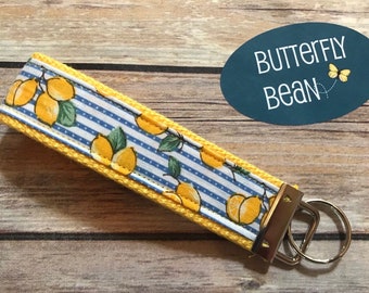 Fabric Key Fob - webbing and fabric key fob - lemons - yellow - teacher gift keychain - fun key fob - you're the key to my success