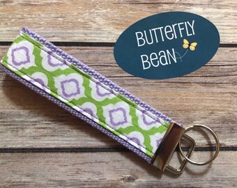 Fabric Key Fob - webbing and fabric key fob - lilac -green - lattice - teacher gift keychain - fun key fob - you're the key to my success