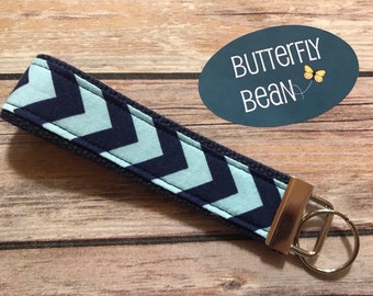 Fabric Key Fob - webbing and fabric key fob - navy - aqua - chevron -  teacher gift keychain - fun key fob - you're the key to my success