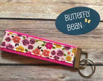 Fabric Key Fob - webbing and fabric key fob - pink - floral - yellow -  teacher gift keychain - fun key fob - you're the key to my success