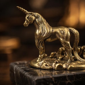 Könnte beinhalten: Eine goldfarbene Einhornfigur aus Metall auf einem strukturierten Sockel. Das Einhorn hat ein spiralförmiges Horn, eine fließende Mähne und einen langen Schweif. Die Skulptur ist detailliert ausgearbeitet und steht auf einem dunklen Marmorsockel.
