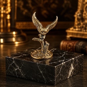 Può includere: Una statuetta di gufo in metallo dorato con le ali spiegate, appollaiata su una base a forma di tronco d'albero testurizzato. La scultura è montata su un blocco rettangolare di marmo nero lucido con venature bianche su tutta la superficie.