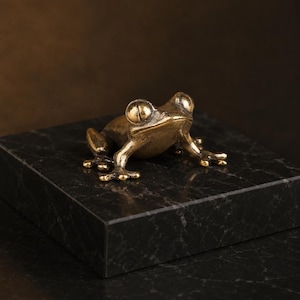 Puede incluir: Una pequeña figura de rana de metal en tono bronce con una superficie texturizada y ojos redondos prominentes. La rana se muestra en una postura sentada y alerta con las patas delanteras extendidas hacia adelante, mostrando pies palmeados.