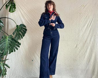 vintage 1980s navy cotton corduroy straight leg belted jumpsuit