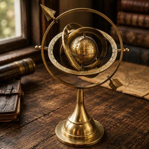 Può includere: Una sfera armillare in ottone con un globo centrale circondato da anelli rotanti con simboli zodiacali e segni incisi. Lo strumento scientifico è montato su una base circolare e include un puntatore a forma di freccia.