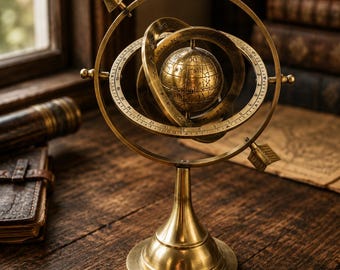 May include: A brass armillary sphere featuring a central globe surrounded by rotating rings with engraved zodiac symbols and markings. The scientific instrument is mounted on a circular pedestal base and includes an arrow-shaped pointer.